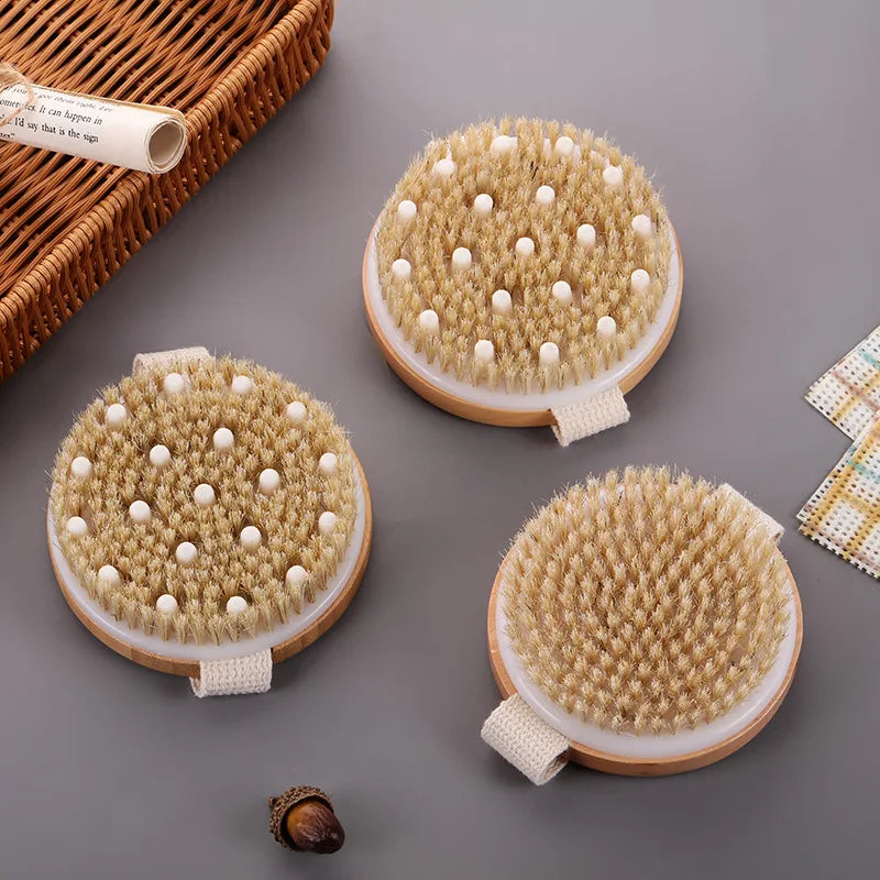 Handheld Portable Shower Brush Natural Wooden Wet Dry Skin Body Bristle Brush Soft SPA Brush Bath Massager