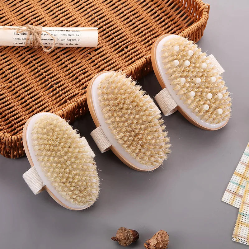Handheld Portable Shower Brush Natural Wooden Wet Dry Skin Body Bristle Brush Soft SPA Brush Bath Massager
